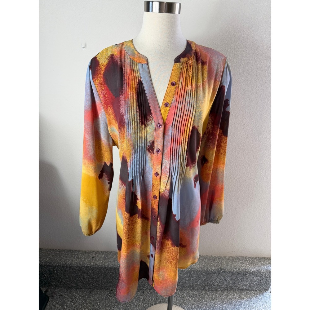 Melissa McCarthy Seven7 Womens Plus 1X Abstract Pleated Tunic Top Multi-Color